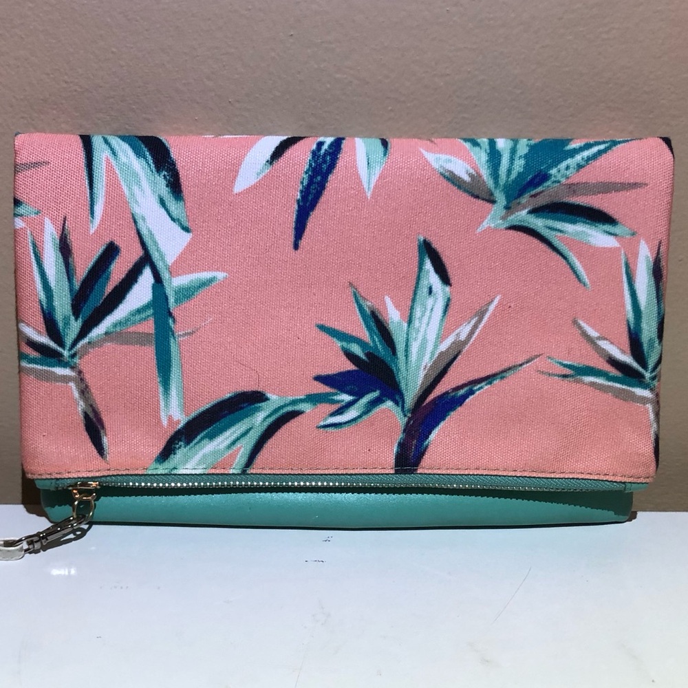 Rachel Pally Peach Color Bird of Paradise Print Foldover Zipper Clutch Purse